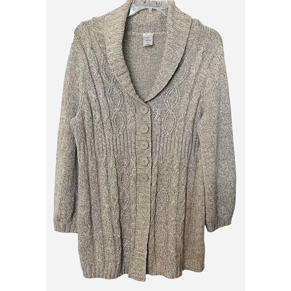 JUST MY SIZE (JMS) LONG SLV BUTTON-UP KNIT SWEATER, WOMENS, 2X, TAN, WIDE COLLAR